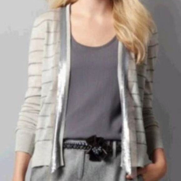 Loft Cardigan Women' sSmall Wool Blend Striped Long Sleeve Open Cardigan Beige - Picture 1 of 7